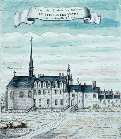Veduta del castello di Plessis-les-Tours e della cappella di San Giovanni in Tourraine da French School